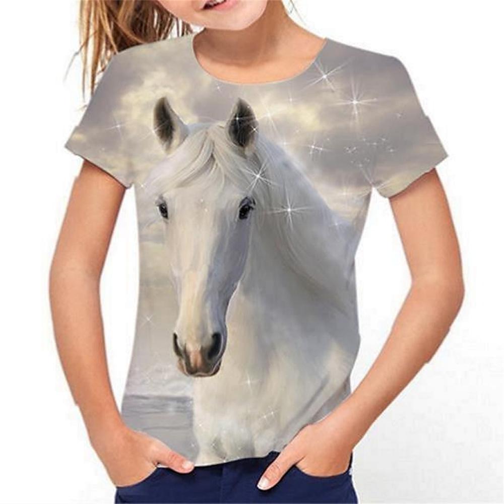 

Милая мультяшная лошадь с изображением животных, 3D-принт, забавная детская одежда, футболка для девочки, летняя повседневная футболка с коротким рукавом для девочек 100