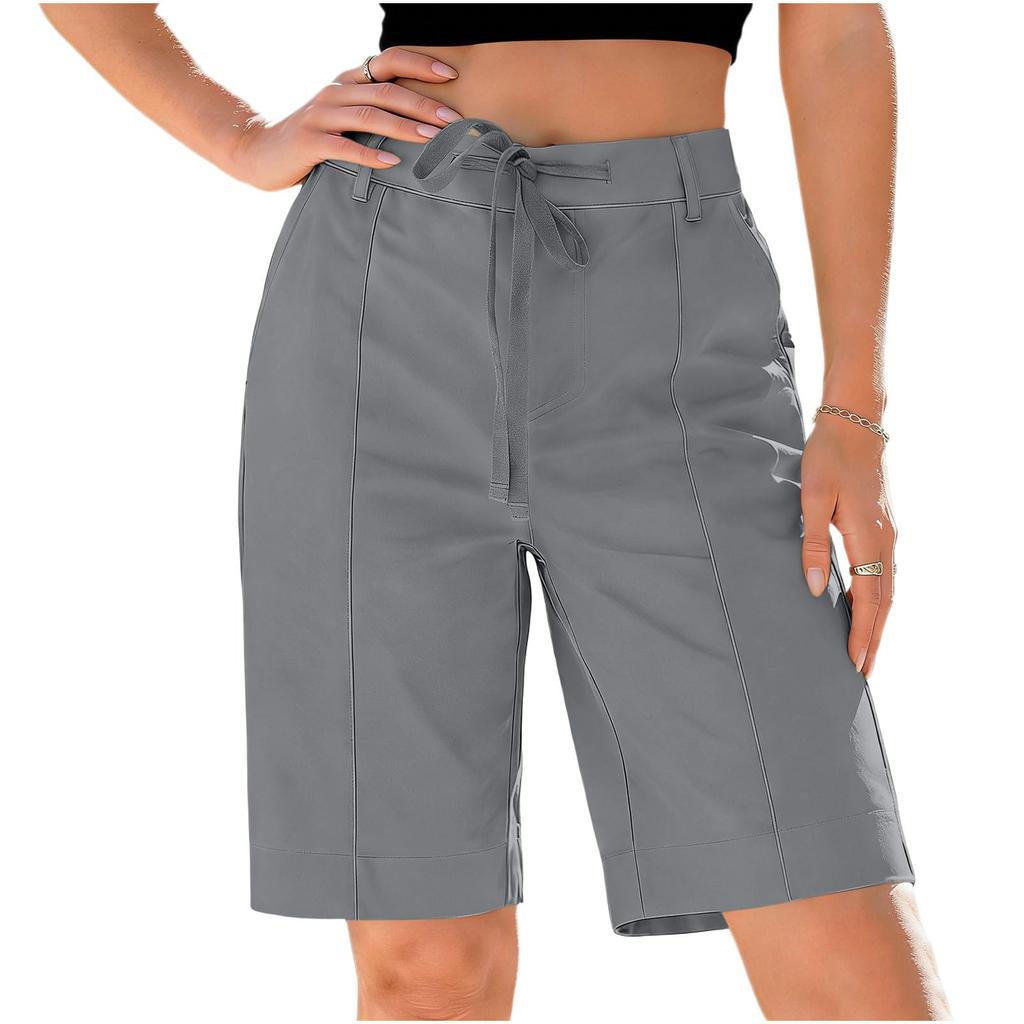 Women's Knee Length Cargo Shorts,Casual High Waisted Drawstring Bermuda Shorts With Pockets For Summer Hiking Work