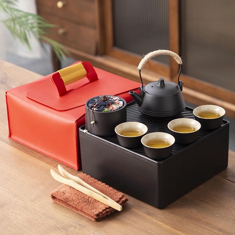 Japanese-style black pottery outdoor portable travel tea set, beam pot, dry tea tray, business company gift