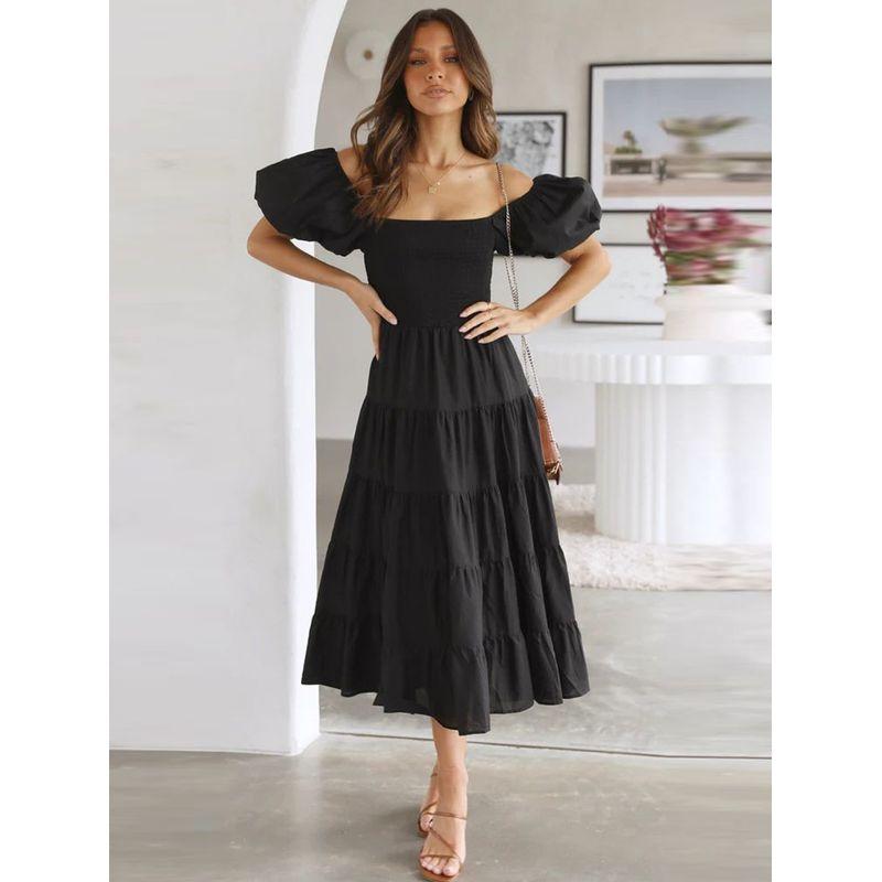 2025 Europe and America Cross Border Spring/Summer New Arrival off-Neck Print Puff Sleeves Silm Mid-Length Tulle Tutu Dress Dress