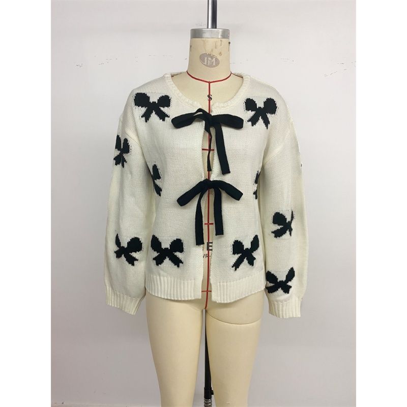 Autumn Women Sweater Ladies Tops Lace-up Bow Pattern Women's Sweater Cardigan Top