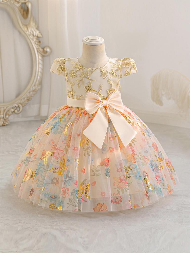 Girls' Puff Tulle Princess Dress with Bowknot for Birthdays & Events