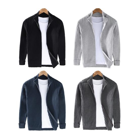 Fall Winter Men Coat Zipper Closure Knitted Cardigan Stand Collar Long Sleeves Solid Color Thick Elastic Loose Striped Texture Daily Wear Knit Jacket