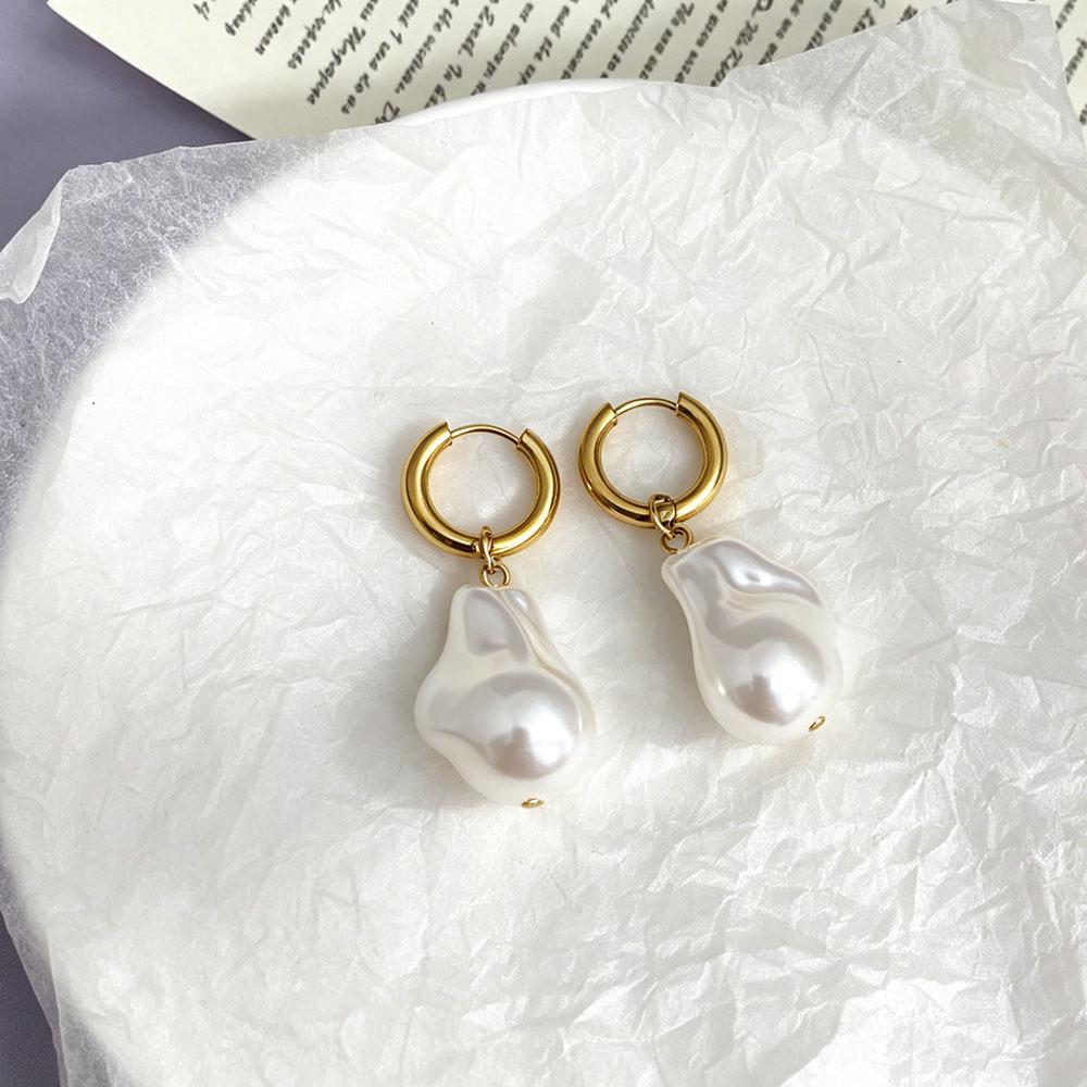 European and American 18K Gold Plated Stainless Steel Irregular Pearl Hoop Earrings