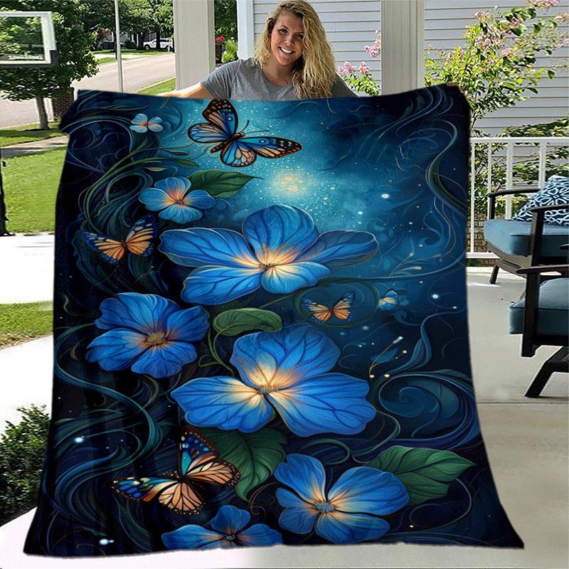 1pc Butterfly Flower Printing Lightweight Flannel Blanket, Comfortable and Warm Blanket, for Camping Sofa Bed and Couch Office, Gift
