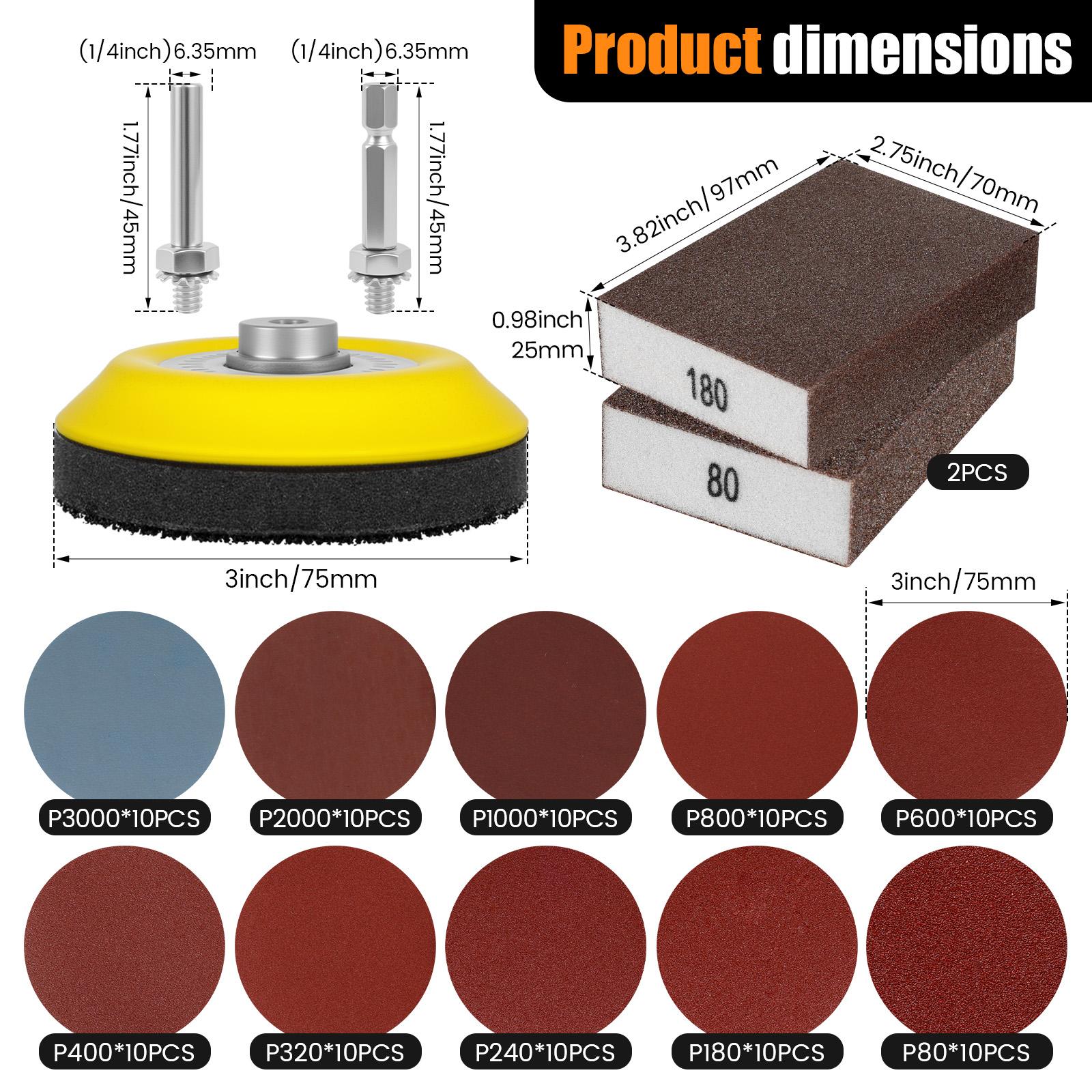 

100Pcs 3 inch Wet Dry Sanding Discs Hook And Loop 75mm Silicon Carbide Sandpaper Sander Disks 80-3000grit For Rotary Tool Drill 80-3000