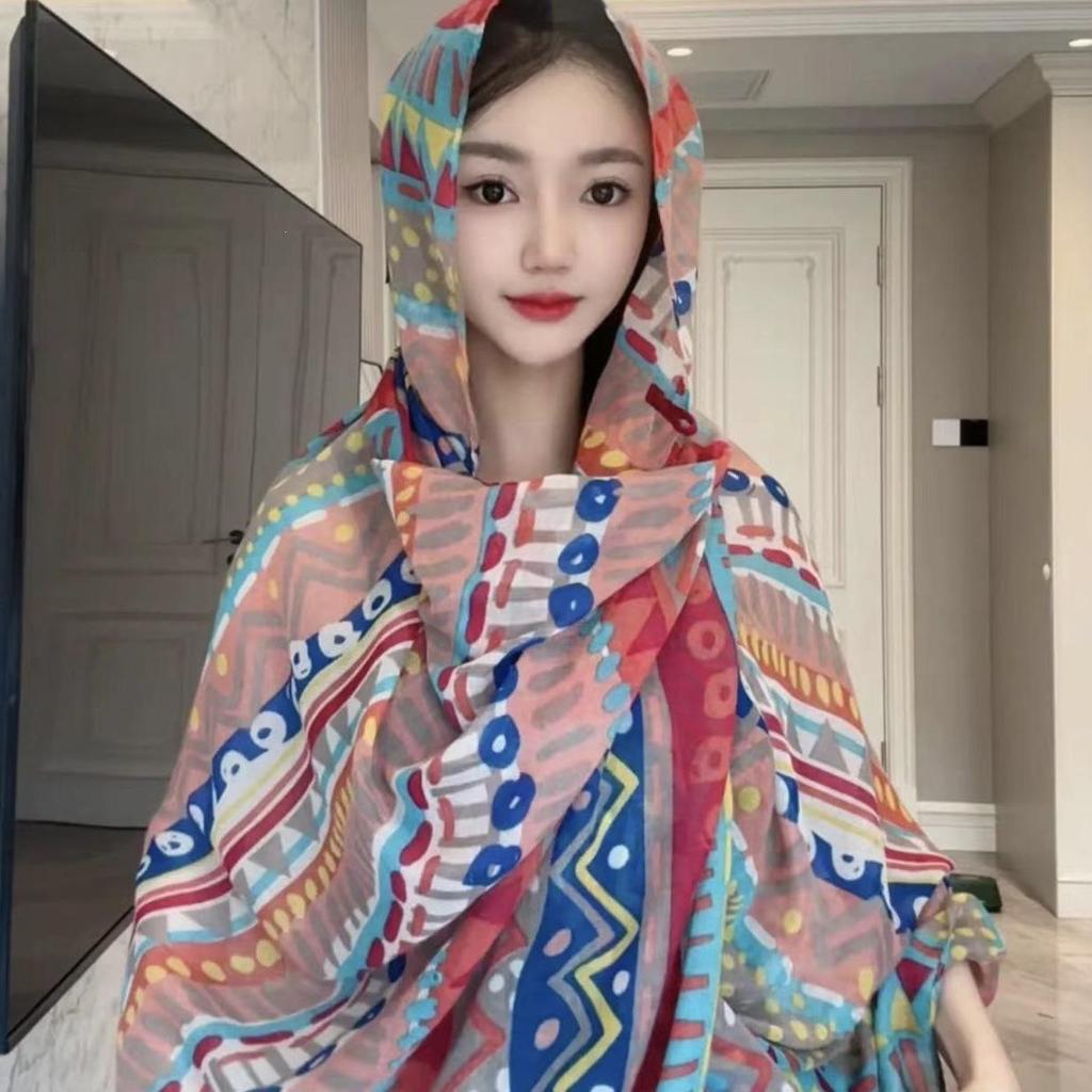 Women's Retro Ethnic Silk Scarf with Frog Button Shawl for Sun Protection