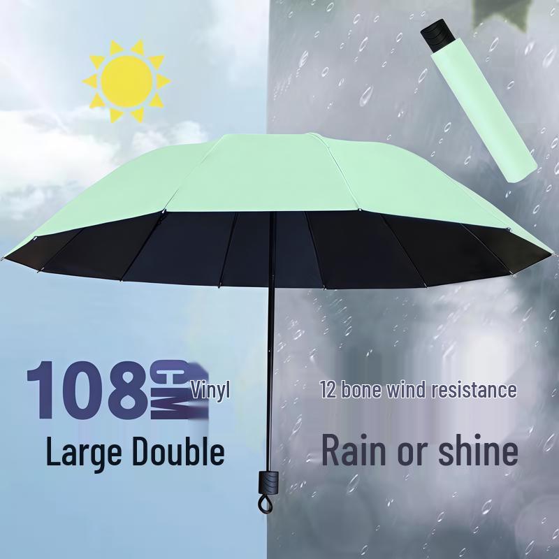 Large Dual-Use Umbrella for Sun and Rain, Manual Folding, Reinforced for Two, Black Glue Sunscreen, Suitable for Men and Women