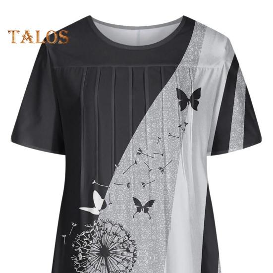 Women's Casual T-Shirt Dress Summer Short Sleeve A-Line Swing Dress Floral Print Crew Neck Pleated Midi Dress with Pocket