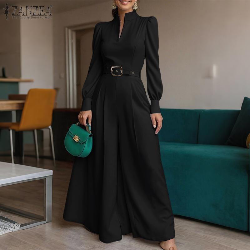ZANZEA Damen Casual V-Ausschnitt Locker Langarm Weitbein Jumpsuits