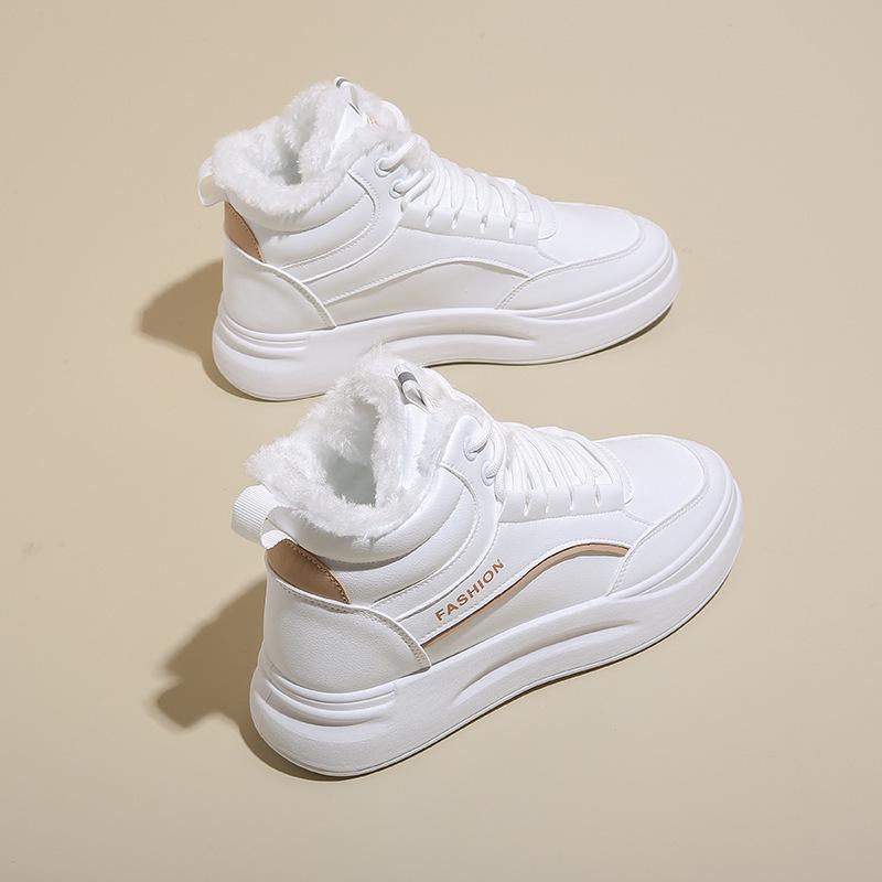 Ins Plush Velvet High-Top White Women's Sneakers - Korean Style, Warm, Versatile, Casual, Winter 2025 (Model: SH889)