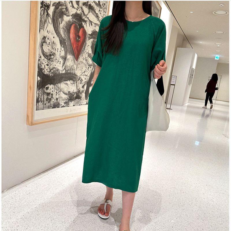 

Pure Cotton Korean Summer Green round-Neck Plus Size Women s Clothing Chubby Girl Casual Pocket Split Mid Length Long Length Short Sleeve Dress Green 5XL