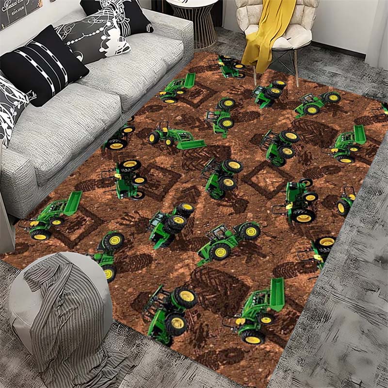 Farm Tractor Themed Play Rug, Soft Non-Slip Carpet with Green Harvesters & Crops Pattern, for Kids Bedroom & Playroom
