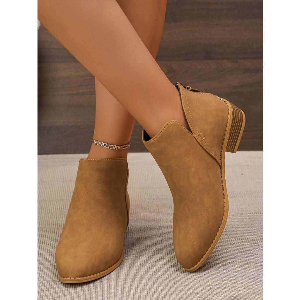 Oversized Leather Boots, Women's Boots, Solid Color, Slimming Effect, Pointed Back Zipper, Casual Thick Sole, Thick Heel Boots, Women's Singles