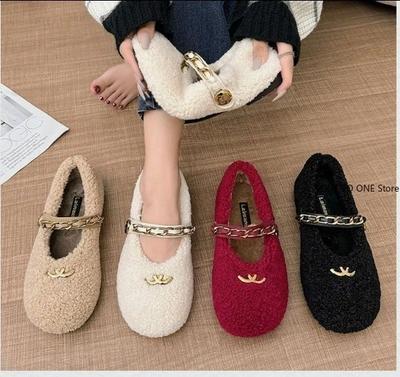 Mode Luxus Schaffell gefütterte Slipper Damen Lammwollschuhe Damen Winter Slipper Fellige Flats Baumwolle Wolle Mokassin Femme Barfußstiefel