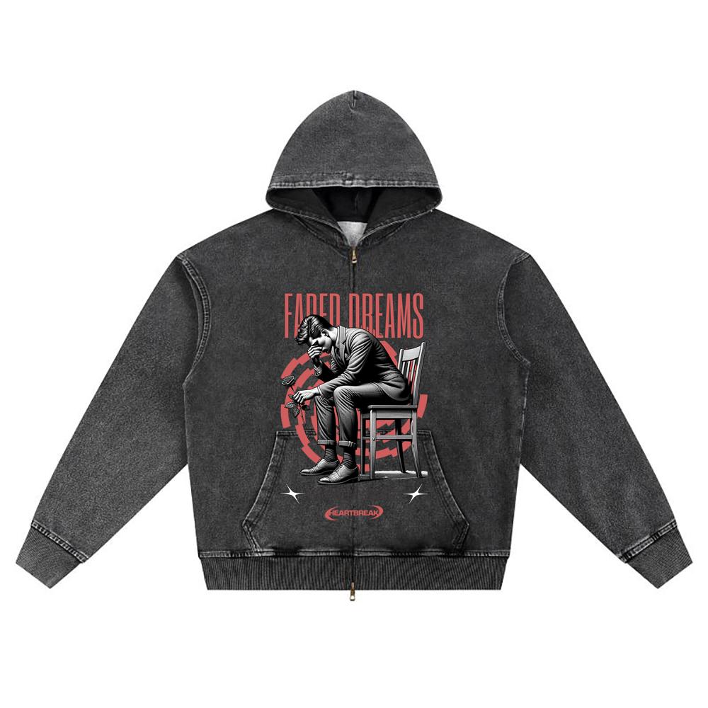 DTG Print Knitted Denim Zip-Up Hoodie Faded Dreams Brother Print Zipper Hoodies