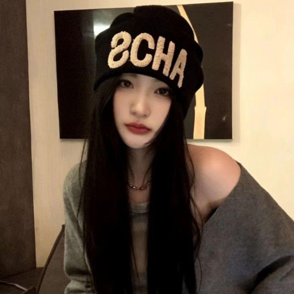 Warm Thick Knitted Fall Winter Hat Large Head Size Embroidered Letter Cap For Women