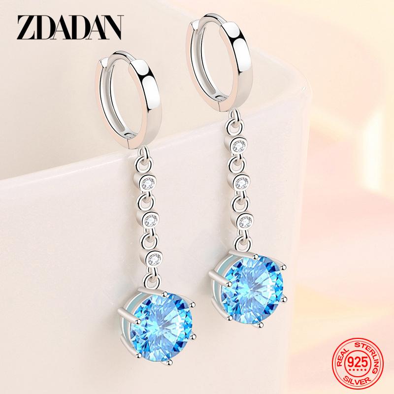 925 Sterling Silver Blue Crystal Long Drop Earrings for Women Fashion Wedding Jewelry Gifts