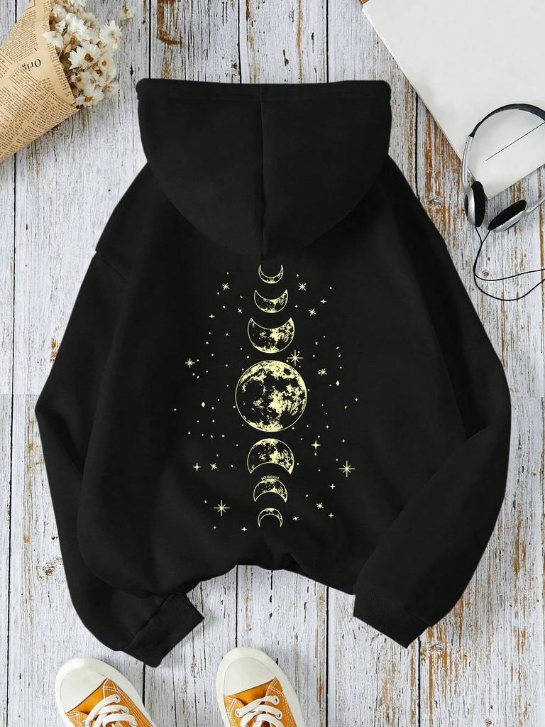 New Hoodies with Different Moon Prints, Front and Back Printed Hoodies Casual and Fashionable Y2K Women's Clothing High Street