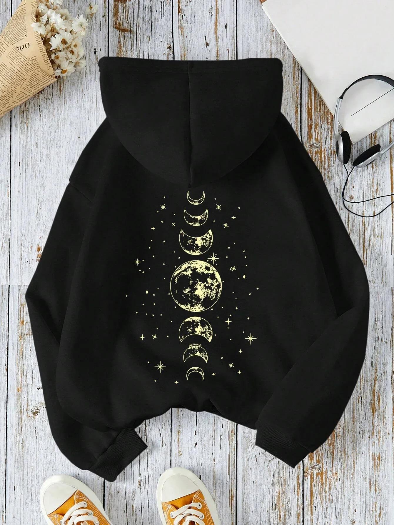 New Hoodies with Different Moon Prints, Front and Back Printed Hoodies Casual and Fashionable Y2K Women s Clothing High Street S