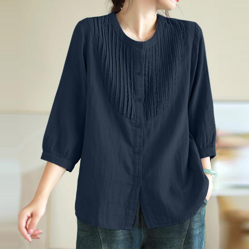ZANZEA Blusa informal de mujer con cuello redondo, color liso, manga 3/4