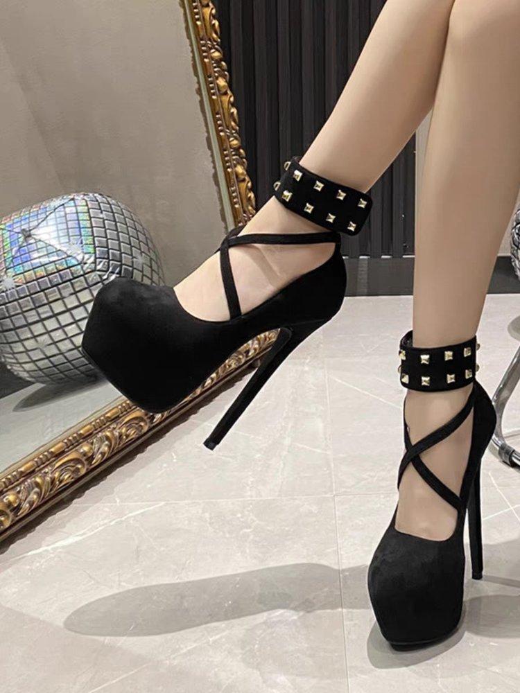 

Тонкий каблук замшевые туфли на высоком каблуке крест-накрест весна и осень 2025 новые универсальные сексуальные с круглым носком водонепроницаемая платформа женская обувь 35 чёрный