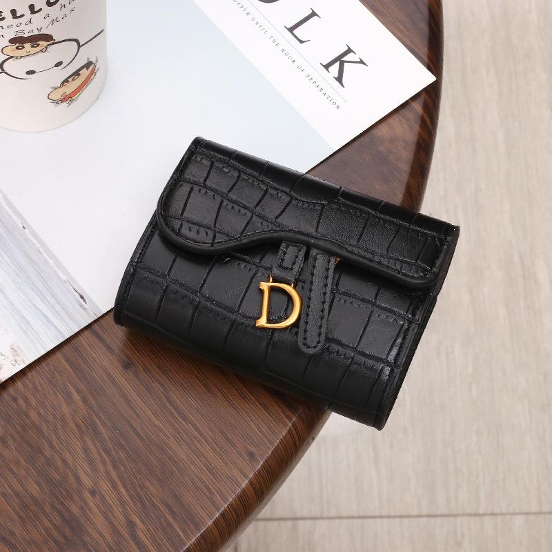 Women's 2022 Korean Style Crocodile Embossed Tri-Fold Wallet with D-ring Buckle Coin Pocket and Card Slots.