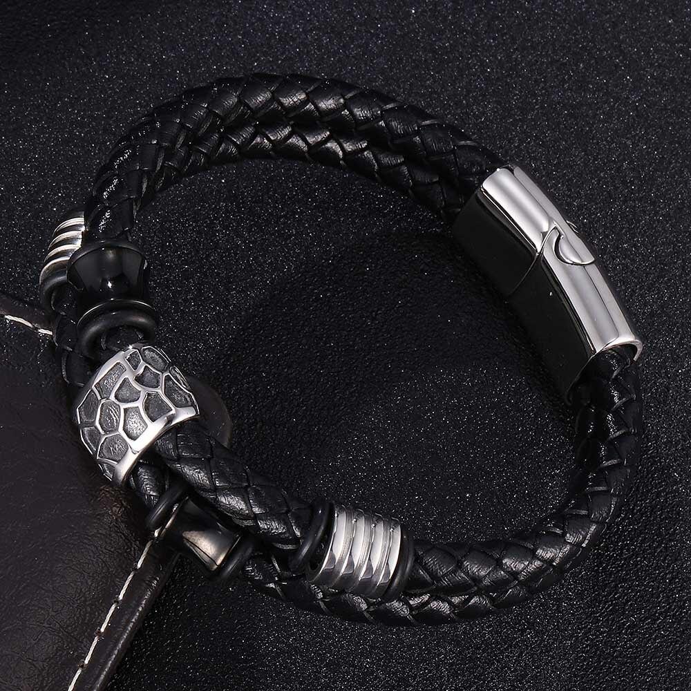 Geometrically Irregular Graphics Double Layers Stainless Steel Genuine Leather Bracelet Men Leather Bangle