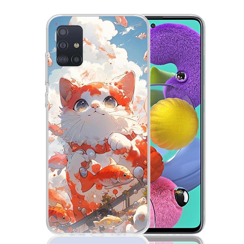 Cartoon Cute Cat Fish Aesthetic Phone Case For Samsung Galaxy A52 A32 A22 A12 A02S A50S A30S A51 A31 AA71 Note 20 Ultra 10 S10 P