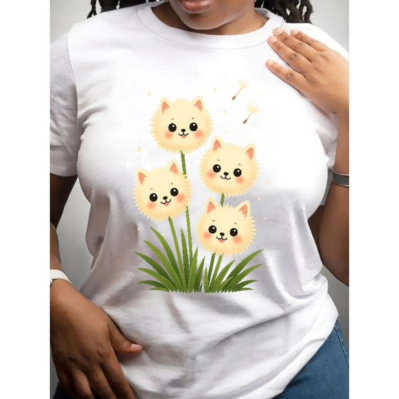 

Women s Cute Cat & Dandelion Print Short-Sleeve T-Shirt - Soft Stretch Round Neck Casual Top, Breathable Regular Fit for Spring Summer Fall S белый