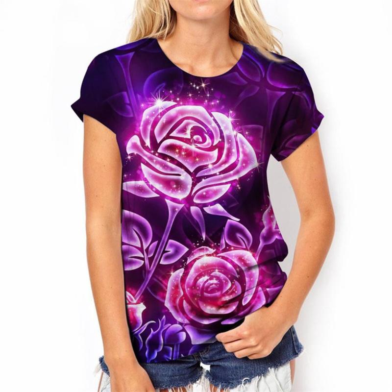 

Ретро красочная футболка с 3d принтом розы, женская летняя футболка с цветочным рисунком и круглым вырезом, уличная одежда, повседневные топы с короткими рукавами, футболки 6XL