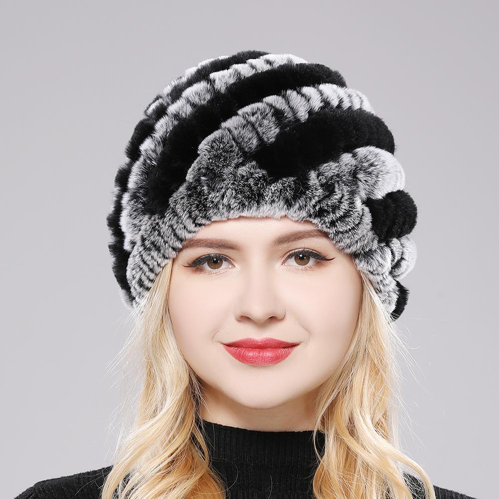 Dam Vinter Varm Äkta Rex Kaninpäls Hatt Snömössa Vinterhattar för Kvinnor Flickor Äkta Päls Stickad Skullies Mössor Naturlig Fluffig Hatt