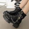  Chain Decor Platform Martin Boots Women Lace Up Side Zipper Ankle Boots