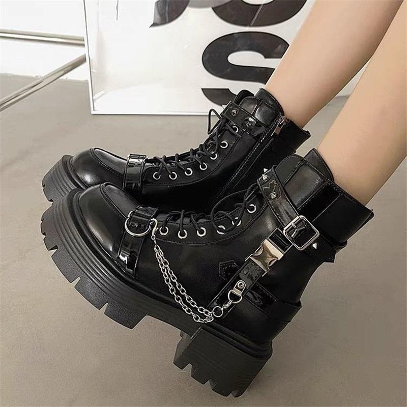  Chain Decor Platform Martin Boots Women Lace Up Side Zipper Ankle Boots