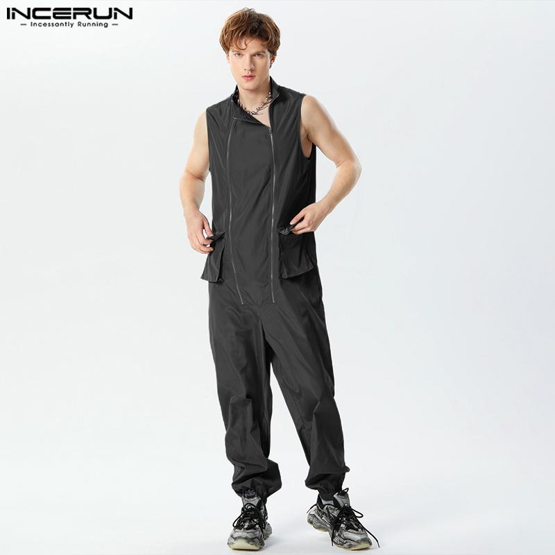 

INCERUN Мужской крутой стильный длинный комбинезон-карго на молнии без рукавов