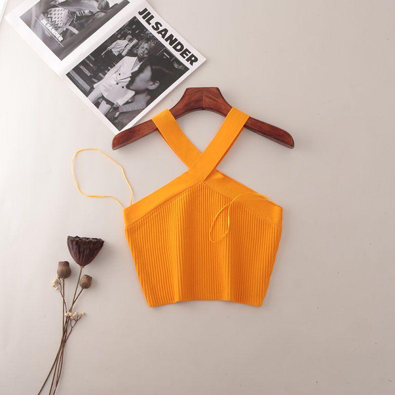 American Fashion Brand Cross Hanging Neck Cami Summer Rib Solid Sexy Short Knitted Top Women