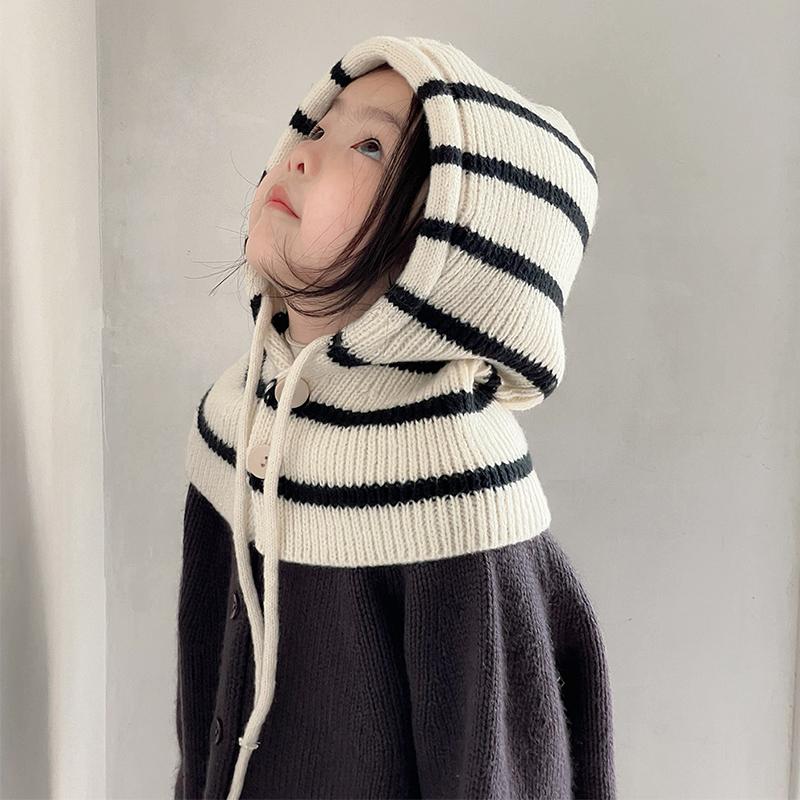 Winter Kids Balaclava Hat Korean Stripe Toddler Hooded Beanies Warm Woolen Children Boy Girl Knitted Caps Scarf