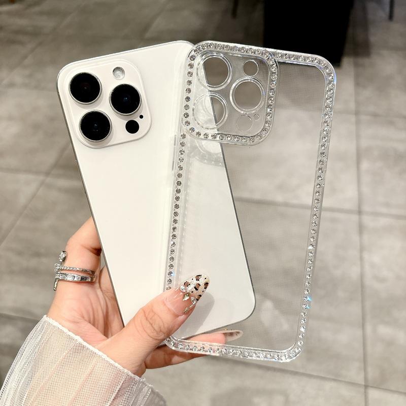 Diamond Frame Clear Slim Case Shell For iPhone 16 Pro Max 15 Pro 14 13 12 11 Soft TPU Shockproof Lens Protection Transparent Cover