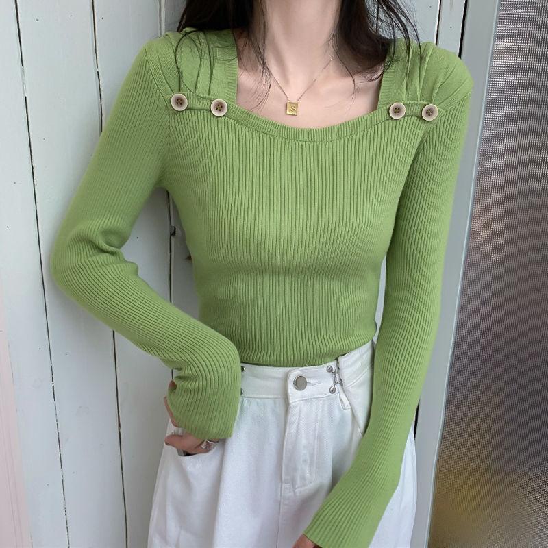 Herbst Lange Ärmel Stricken Tops Mode Taste Dekoration Quadrat Kragen Pullover Koreanische Einfarbig Slim Fit Pullover Frauen 28523