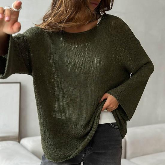 Dame Strikketopper Rund Hals Langermet Genser Topper Løs Passform Ensfarget Høst Pullover Topper Strikk