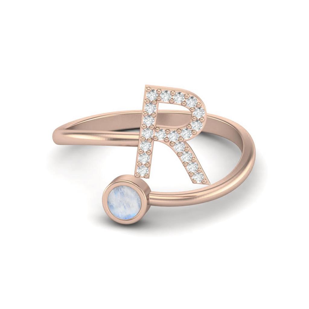 Capital R Initial Letter Moonstone Women Adjustable Front Open Ring 925 Sterling Silver Rose Vermeil