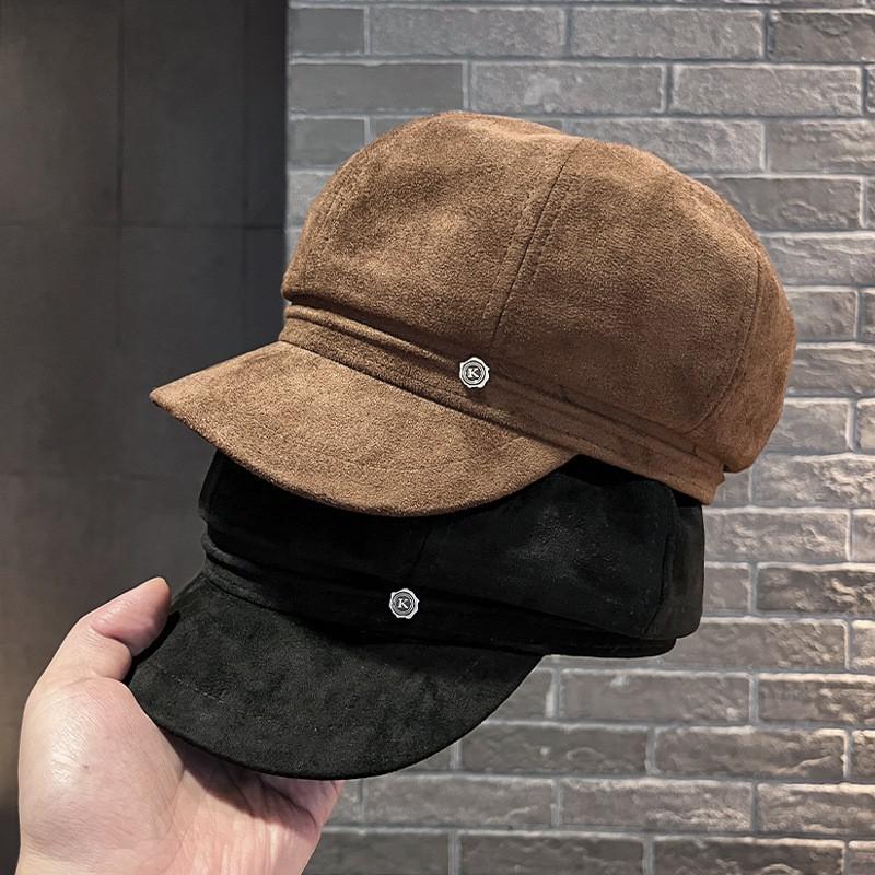 Suede Velvet Octagonal Hat Women Slimming Face Effect Adjustable Fit Classic Beret Style With Curved Brim