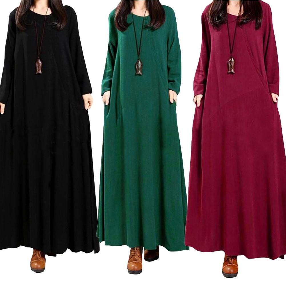 Elegant Plus Size Women Cotton Long Sleeve Vintage Kaftan Casual Maxi Dress