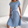 Midi Dress O-Neck Short Sleeve High-Waist Lace-Up Simple Floral Print Pleated Hem Casual Female Clothes Women