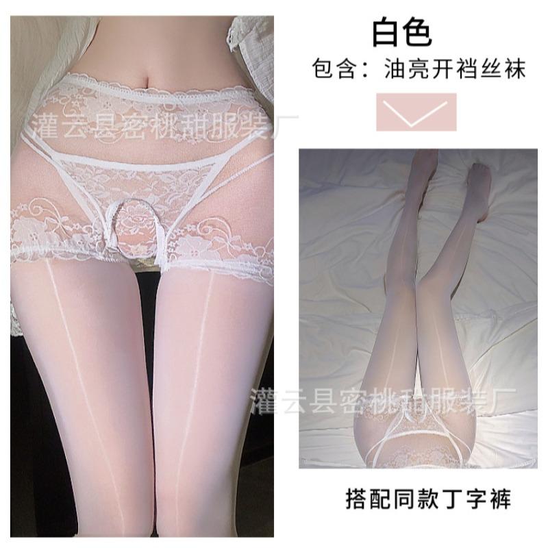 Sex-Unterwäsche sexy Netz durchsichtig seidig Einteiler Pferdeöl offener Schritt Socken hohe Taille Hüftlift Öl glänzend offene Socken