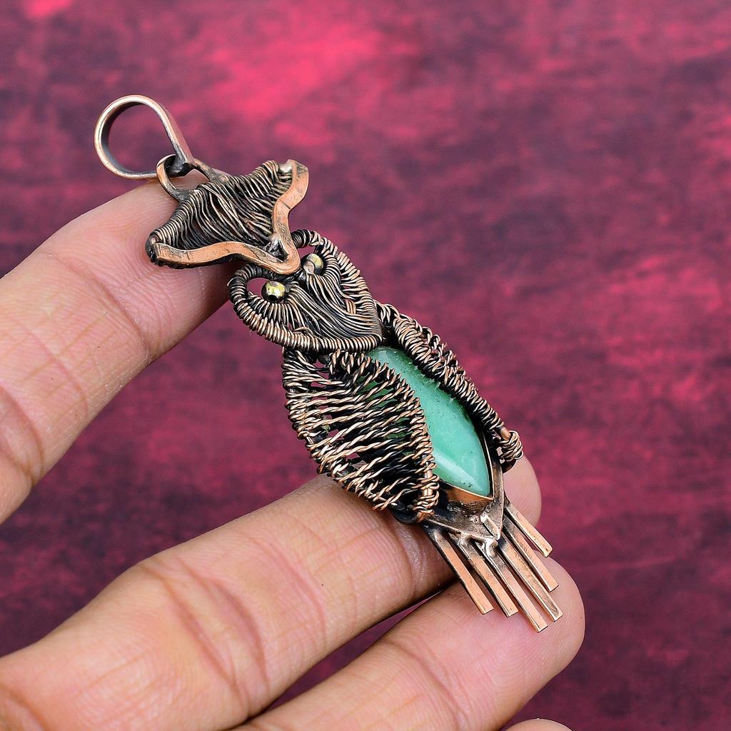 Chrysoprase Pendant Owl Gemstone Pendant Copper Wire Wrapped Handmade Jewelry