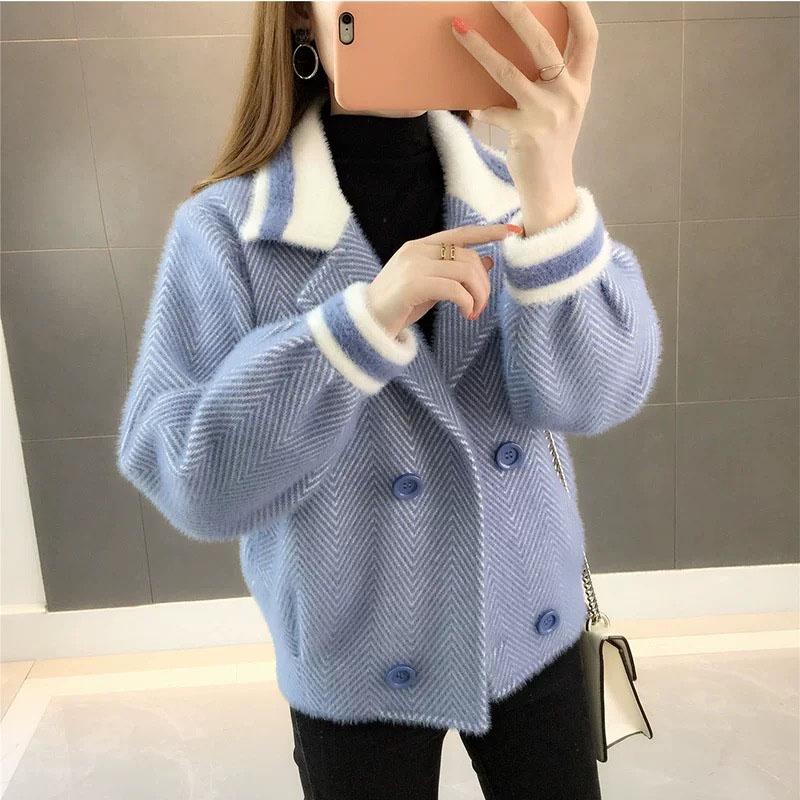 Women Imitation Mink Velvet Cardigan Sweater Coat Short Women Fuzzy Sweater Lantern Sleeve Casual Sweater Knitted Mohair Cardigan Jacket Outwear