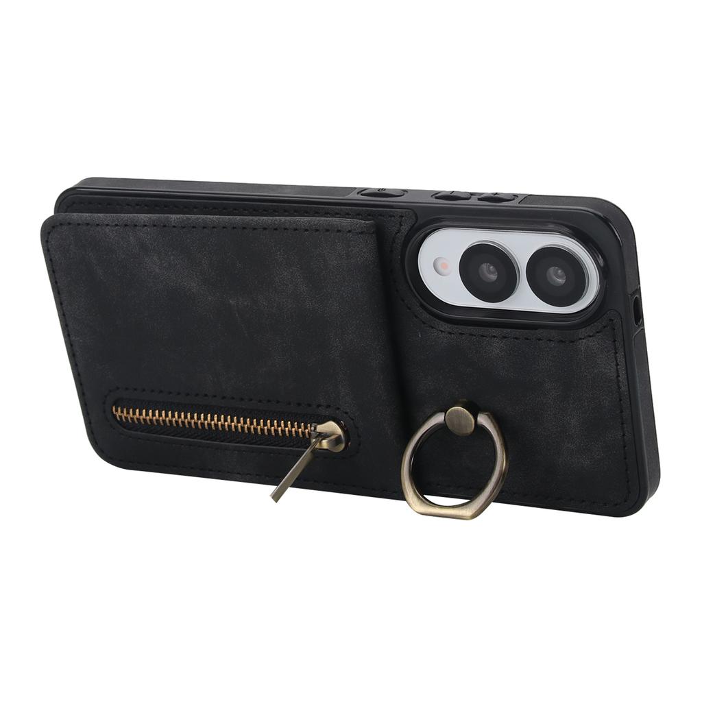 For Samsung Galaxy S25 Edge Case Zipper RFID Blocking Retro Leather+TPU Phone Cover with Kickstand