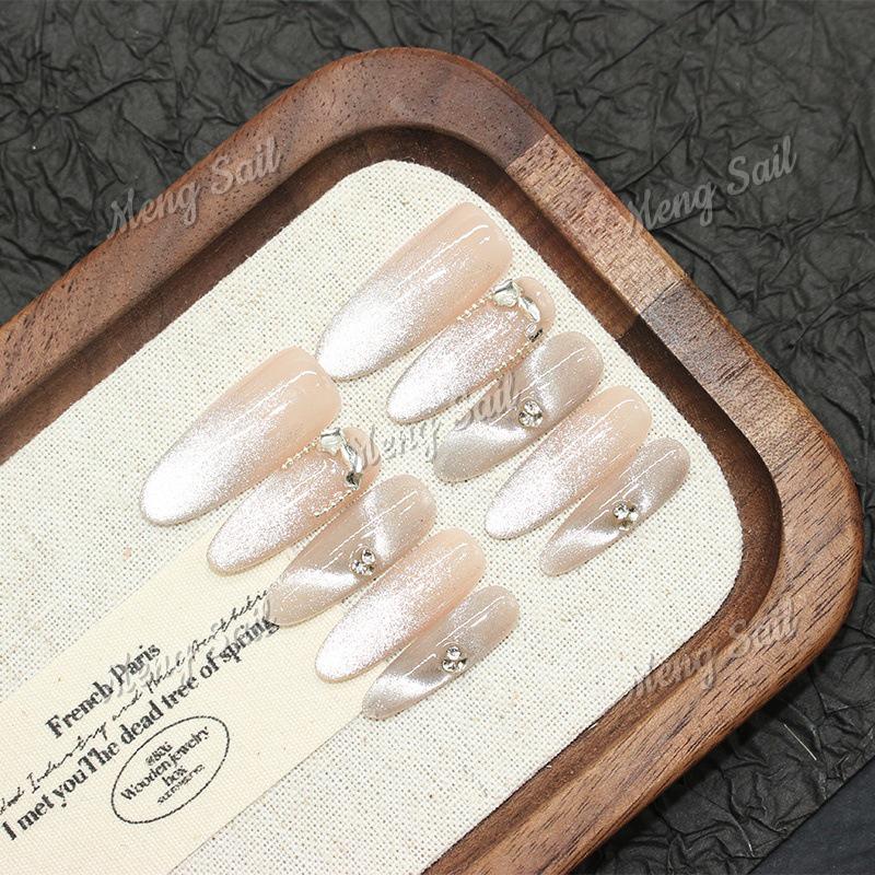 Flowing Ribbon: Handmade Cat Eye Long Nails with Super Sparkle and Luxury Finish Large