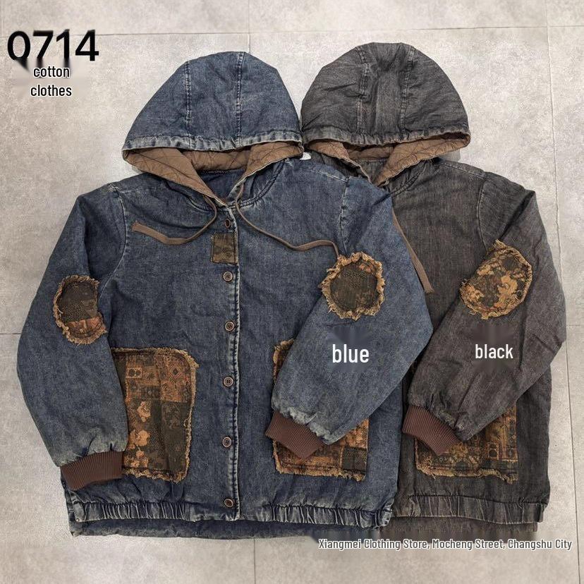 Women's Retro Patchwork Hooded Denim Jacket - Warm Padded Cotton for Winter 2025
